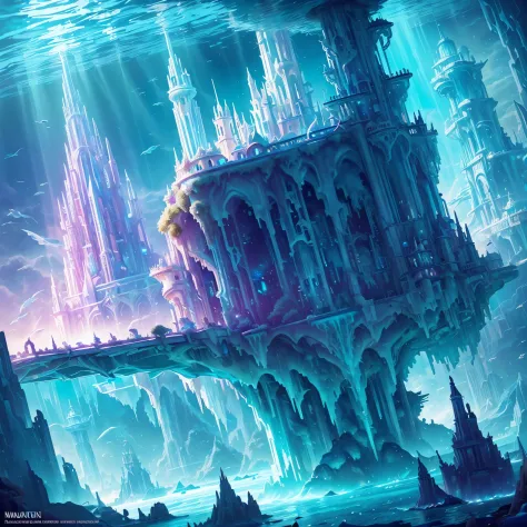 ((Need)), ((tmasterpiece)), (A detailed))，Translucent underwater  palace，Colorful Atlantis City，Colorful underwater kingdom，Futu...