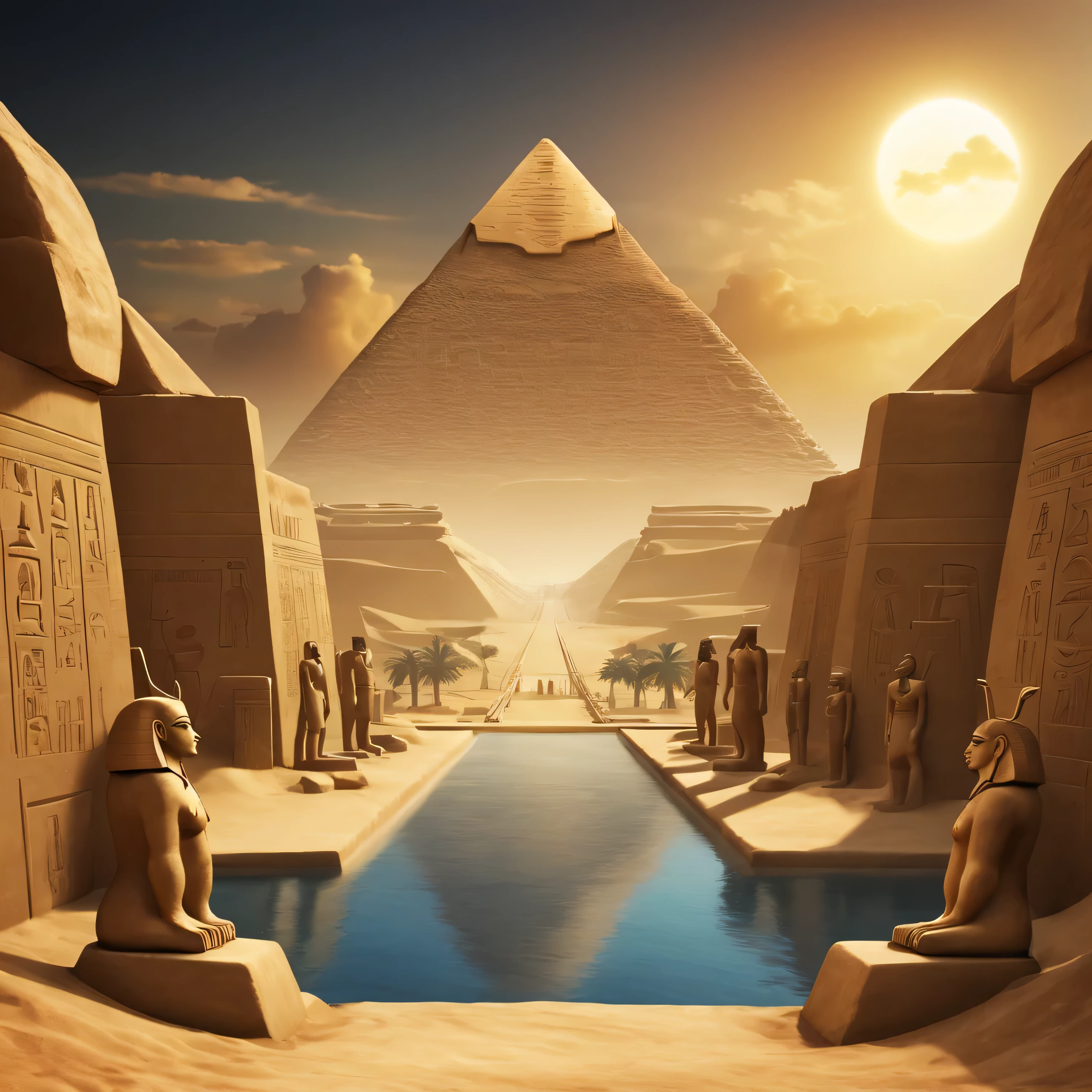 A landscape where all the main gods of ancient Egypt are visible on the horizon. Symbols and shapes specific to ancient Egypt should be used in the background and margins. at least 4 gods...
