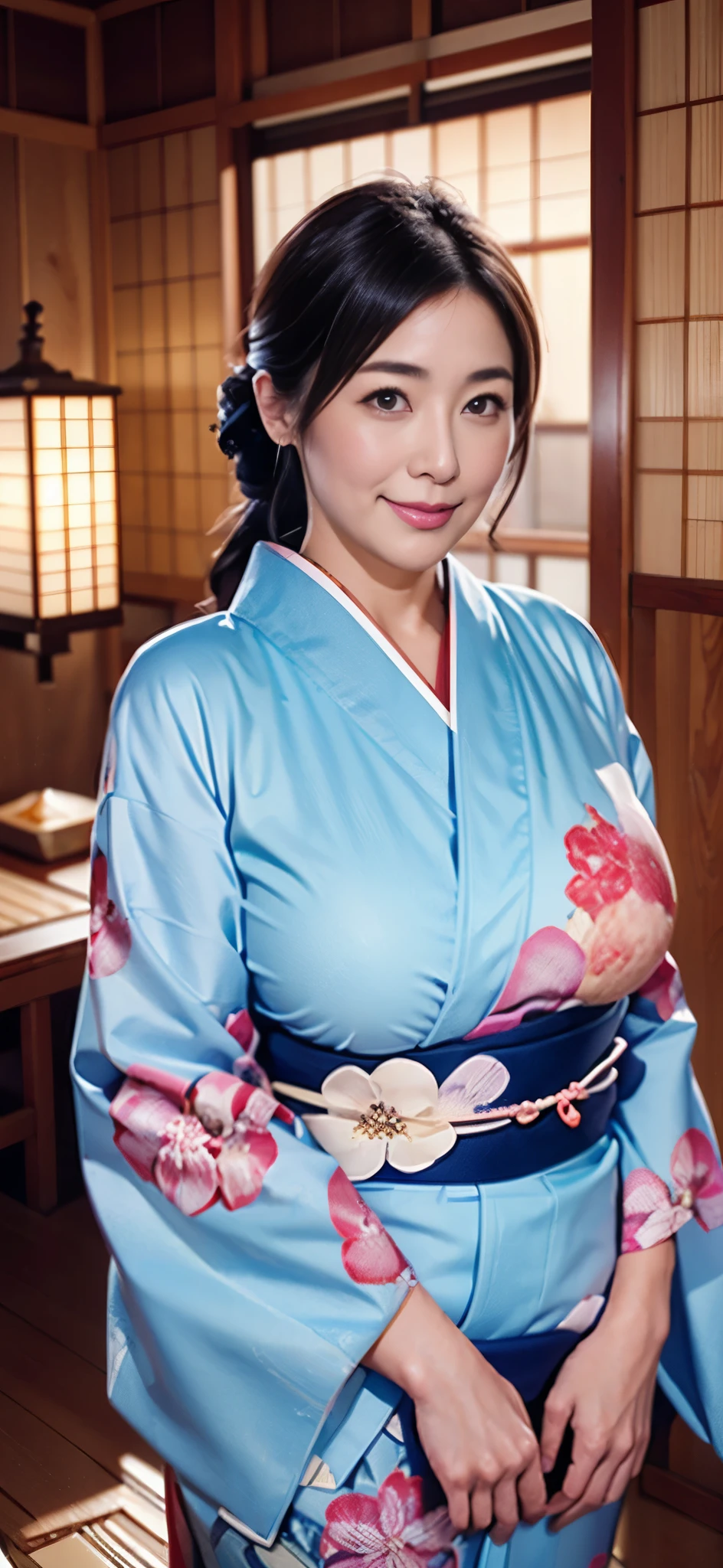 The most beautiful moms in the Japan(Giant body)、Wearing a kimono、traditional Japanese room、Huge breasts that are too big and droop a little、January、With smiling eyes、new year greetings