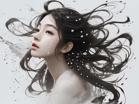 ancient wind，sideface，floated hair，Long hair that spreads out，美丽的sideface，exquisite facial features，Splash ink art