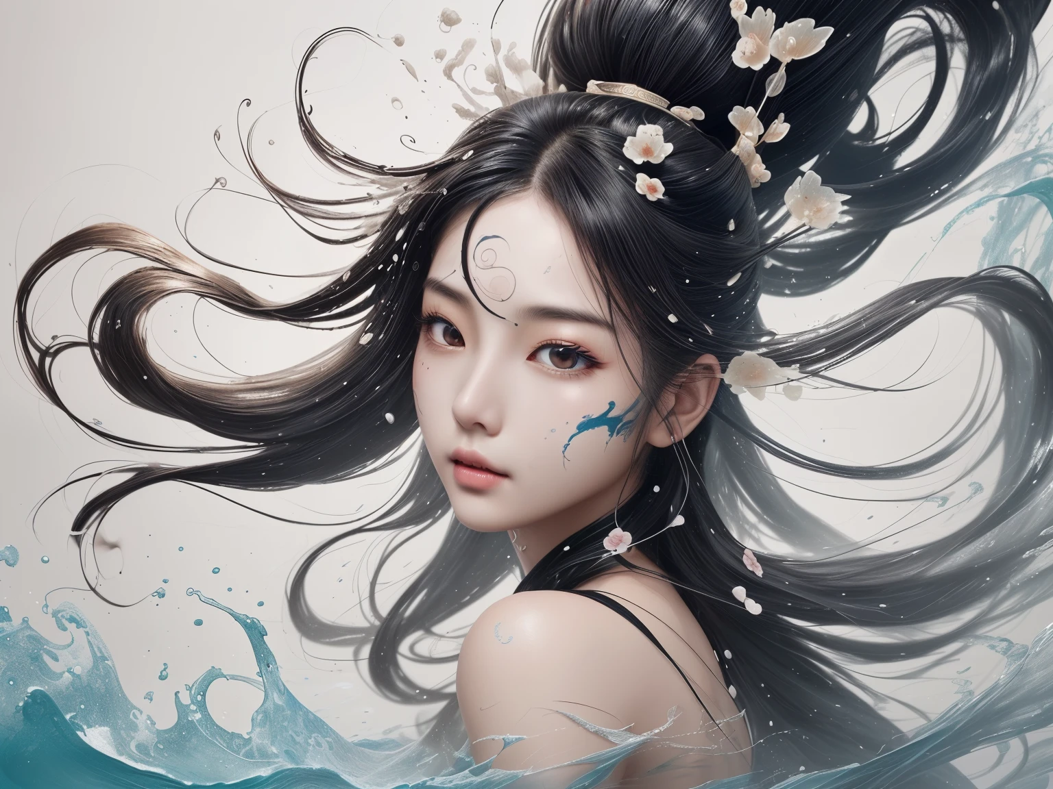 ancient wind，sideface，floated hair，Long hair that spreads out，美丽的sideface，exquisite facial featurequisite and gorgeous hairpin，Splash ink art，Rich layering
