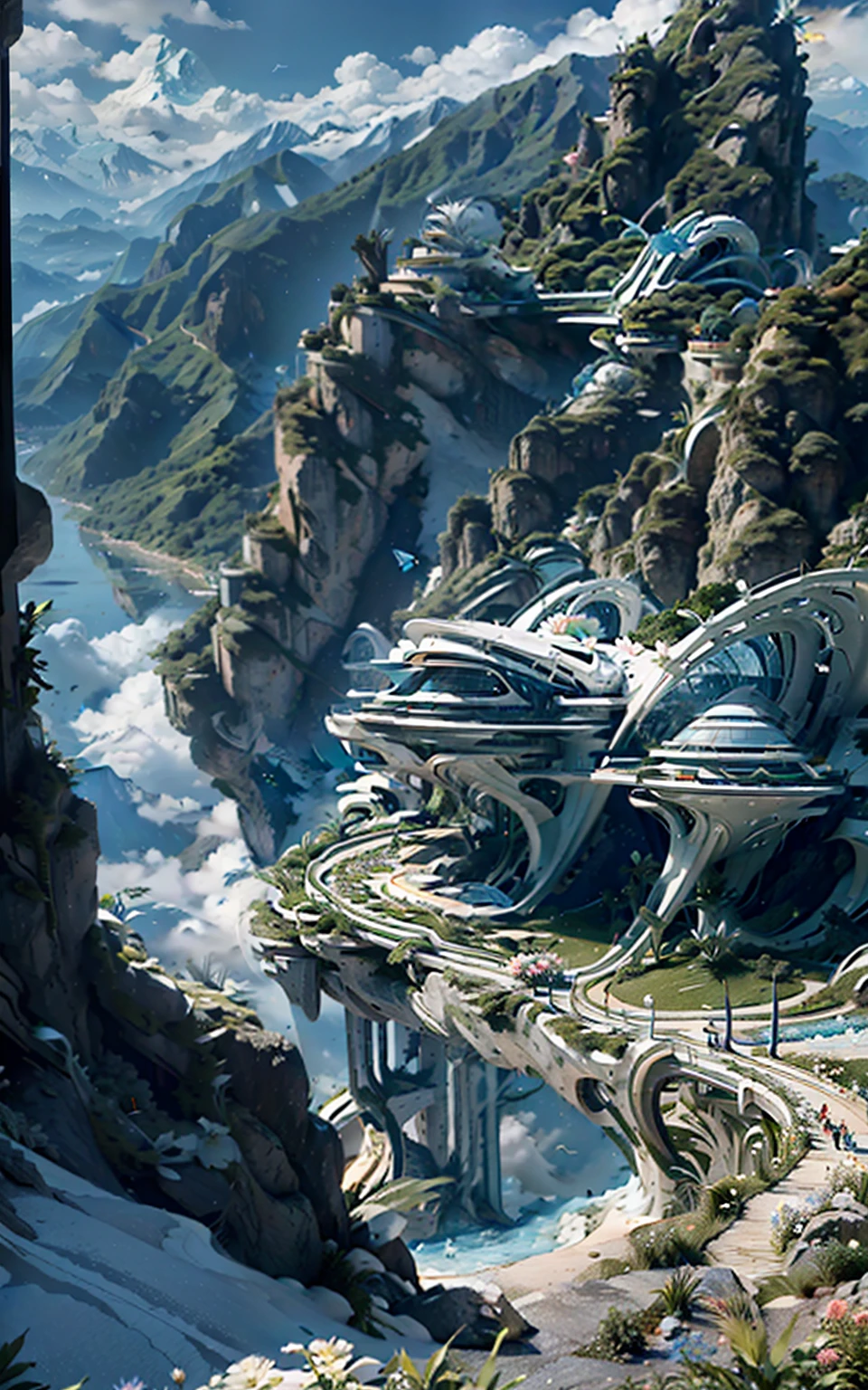 ((by Zaha Hadid)),
a villa on a high mountain cliff,shell element,crazy curve,((the verdant mountainresh flower)),butterfly fluttering,blue sky,white cloud,the sun is shining brightly,bright glass,science fiction curved bridge,