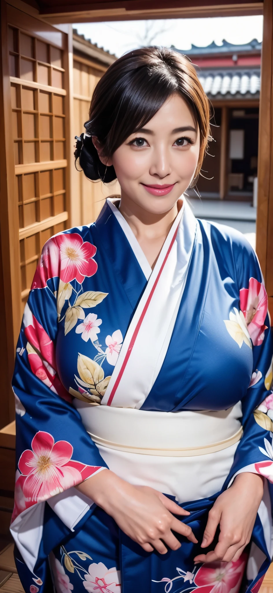 The most beautiful moms in the Japan(Giant body)、Wearing a kimono、Japanese style room、Huge breasts that are too big and droop a little、January、With smiling eyes、new year greetings