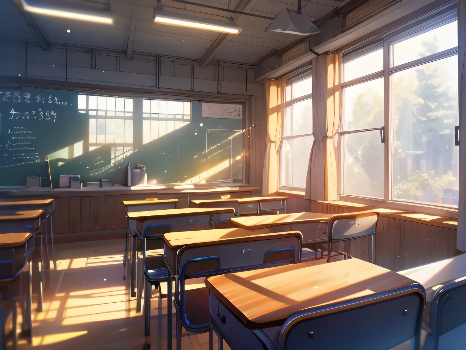 Classroom under lights. Immersive light and shadow create a soft atmosphere in school classrooms., natural  lightting, Highlight the intricate details of the space. The scene is meticulously rendered in high resolution, Showcase various aspects of the classroom, From the texture of the wooden table to the reflection on the window. Wide angle view captures the width of the room, Rows of neatly arranged tables, The blackboard is full of equations, Sunlight shines through the open window. 