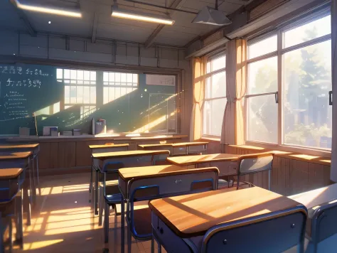 Classroom under lights. Immersive light and shadow create a soft atmosphere in school classrooms., natural  lightting, Highlight...