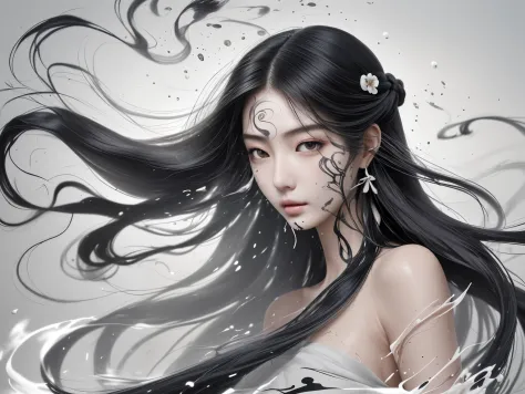 ancient wind，sideface，floated hair，Long hair that spreads out，美丽的sideface，exquisite facial features，Splash ink art，Rich layering