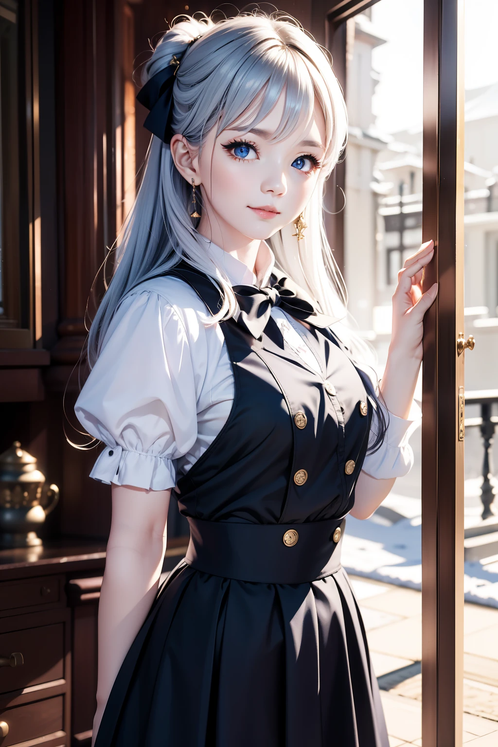 korean people,actual, tmasterpiece, Final details, photo actual, Complicated details, octane rendering, 8K, 1 girl, Perfect face shape all over, pretty  face, new world foundation, Tank reference, Detail hair,, black the bow, black mitts, Blacklegs, eBlue eyes, blue hair, the bow, 鎖骨, a skirt, Drill your hair, Ruffles, Ruffles, mitts, gwyn, heada skirt, high resolution, long whitr hair, Open your lips, Fluffy sleeves, a purple eye, ssmile, alone, white a skirt, oilly skin,