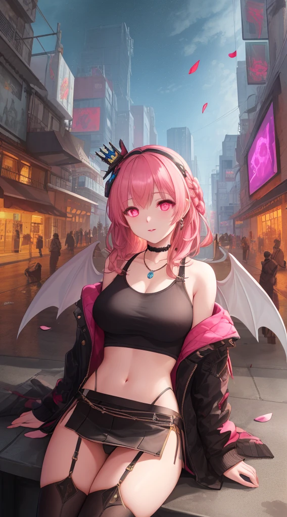 a woman with pink hair and a black top is sitting on a city street with a traffic light in the background, Artgerm, anime art, cyberpunk art, photorealism, 1girl, bangs, bare_shoulders, black_choker, breasts, bridge, brown_eyes, building, choker, city, cityscape, crop_top, jewelry, looking_at_viewer, makeup, midriff, navel, necklace, pink_hair, short_hair, side-tie_panties, sitting, skirt, skyscraper, solo, tank_topOrnate and Intricate, wrenchsmechs,1girl,glowing,black mecha,wings,halo,long hair,(mechanical wings:1.2),wrenchsfantasy,fantasy,glowing,glowing eyes,(masterpiece:1.2),best quality,PIXIV,
1girl,solo,pink eyes,long hair,petals,pillarboxed,science fiction,lips,mecha musume,ribbon,
Celestial Observatory with Astronomical Instruments,Celestial clock tower with gears and celestial alignments,Virtual reality meditation retreat with tranquil digital landscapes., braided half-up hair, textured updo hair, voluminous lob hair.
Curly Bangs,Straight French Braid Crown,brown, decorative, highly detailed, elaborate, ornate, intricate