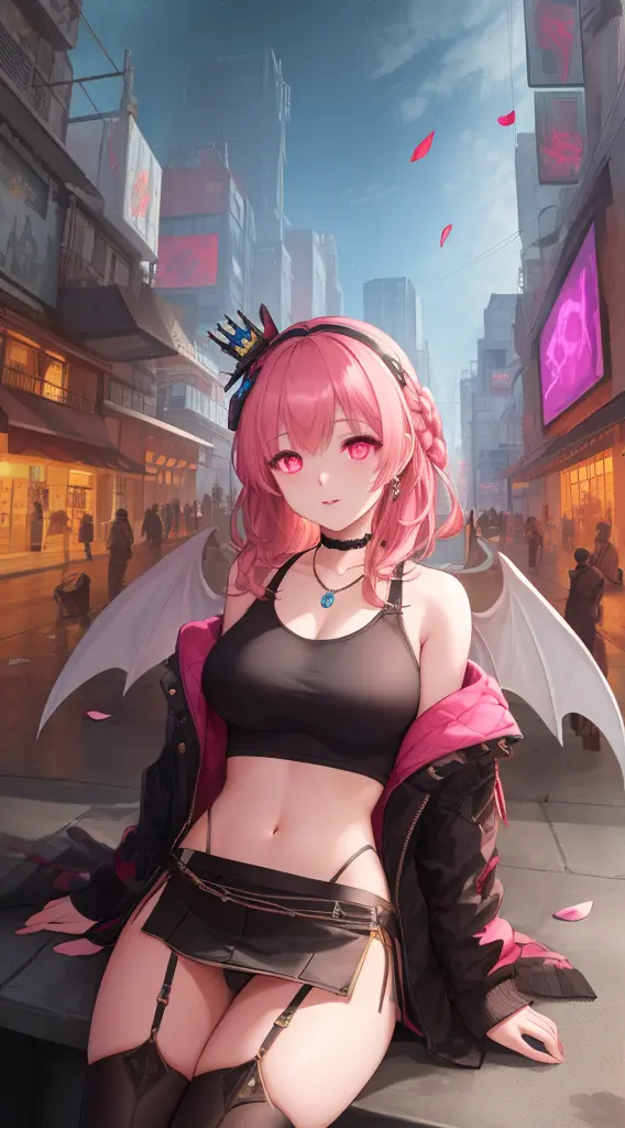 a woman with pink hair and a black top is sitting on a city street with a traffic light in the background, Artgerm, anime art, c...
