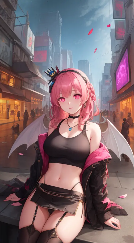 a woman with pink hair and a black top is sitting on a city street with a traffic light in the background, artgerm, anime art, c...