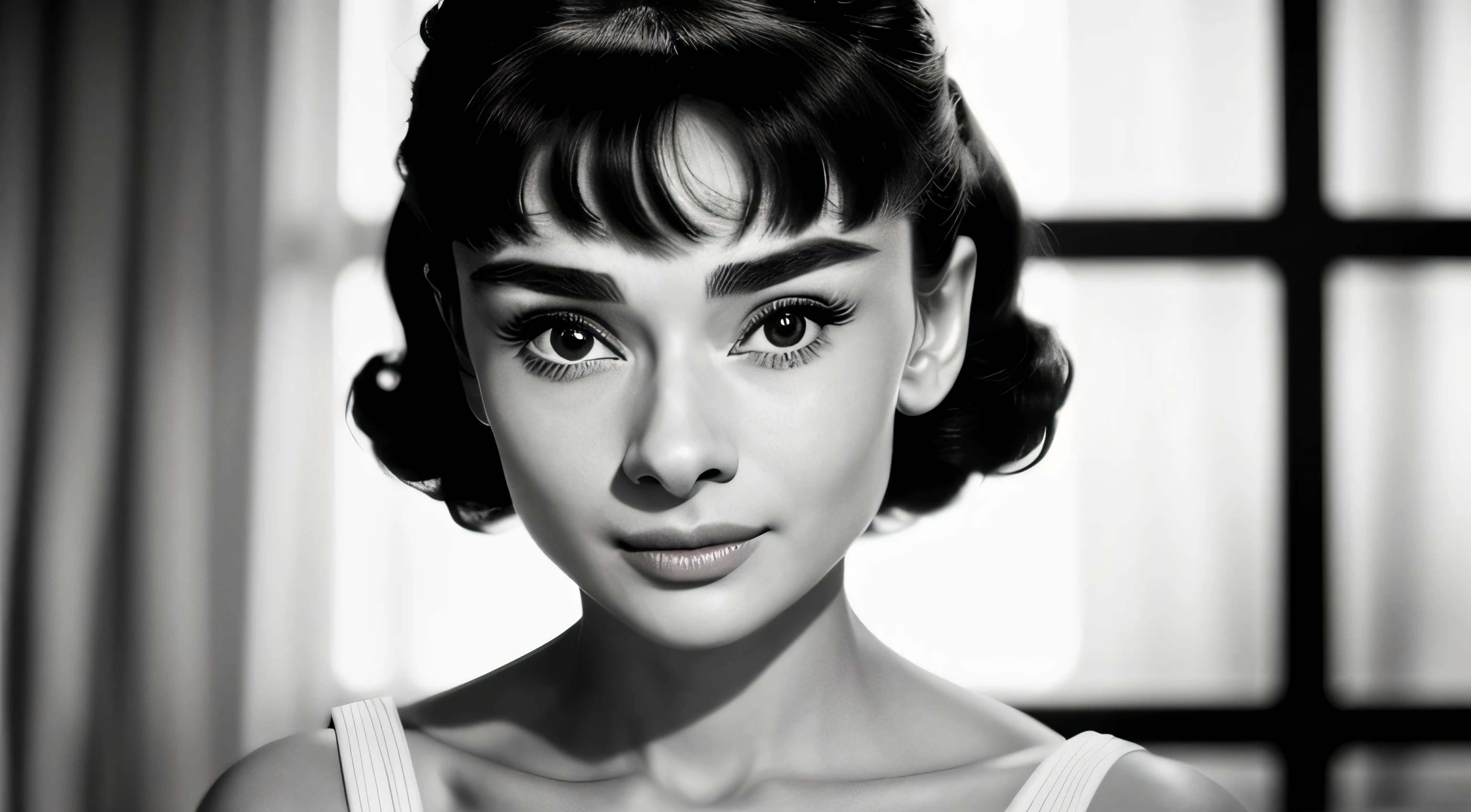 ((Schwarzweißfilter)), Audrey Hepburn, Fokus auf die Augen, Nahaufnahme im Gesicht,  kurzes schwarzes Haar mit fallenden Locken und Dutt, Portraitfoto einer schönen jungen Schauspielerin: (Audrey Hepburn is in the black and white Roman Holiday movie film (1953)), Hotelzimmer, preisgekröntes Foto, Meisterwerk, 8k, ultrahohe Auflösung, hyperdetailliert, perfektes makelloses Gesicht, Drittelregel, Realistisch Perfekte Augen und Pupillen, perfekte volle Lippen, Stupsnase, hochdetailliertes, glänzendes Haar, ((detaillierte Gesichtszüge detaillierte Haut), gebräunte Haut, Hautporen, Hautunreinheiten, realistische Hautstruktur, komplizierte Details, Fotorealismus, Hyperrealismus, ultra-realistisch, lebensechte Texturen, neutrale Farben, filmische Beleuchtung, dramatische Beleuchtung, Hintergrundbeleuchtung auf den Haaren, scharfer Fokus, weiter Winkel, Filmkorn, dslr, RAW-Foto,