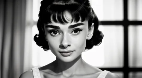 ((black and white filter)), audreyhepburn, focus on eyes, close up on face,  short black hair styled cascading curls bun, portra...