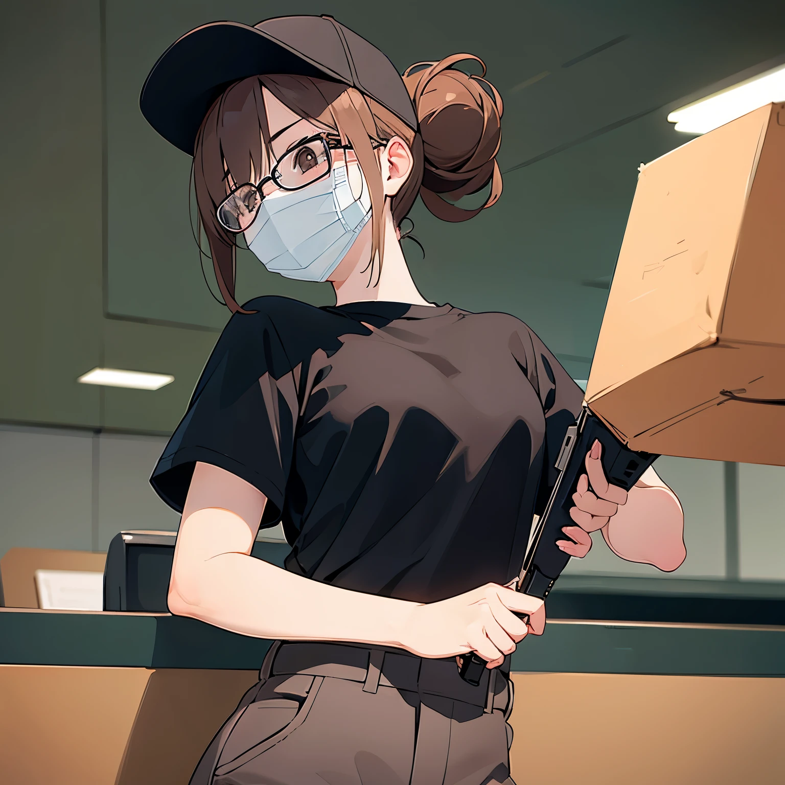 under-rim glasses, black baseball cap, mouth mask, Shooting from below、​masterpiece、top-quality、 hair over one eye, hair bun, A 25-year-old brown-eyed woman with medium hair and bright chestnut bangs.、wearing black tshirt、Wearing black pants、is standing、The background is office、Bold composition、Upper body is shown、Alone、