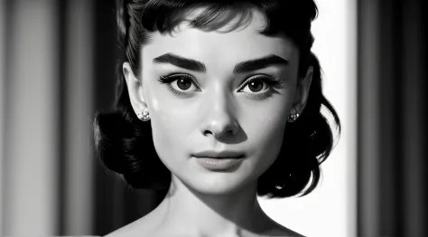 ((black and white filter)), audreyhepburn, focus on eyes, close up on face,  short black hair styled cascading curls bun, portra...