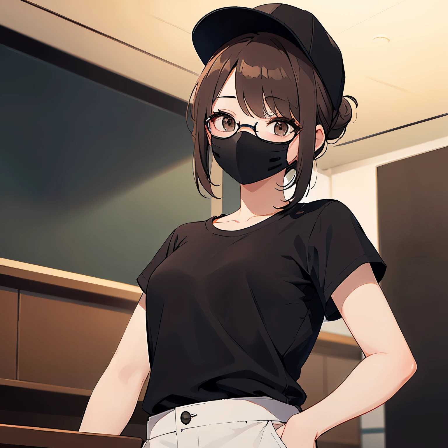 under-rim glasses, black baseball cap, mouth mask, Shooting from below、​masterpiece、top-quality、 hair over one eye, hair bun, A 25-year-old brown-eyed woman with medium hair and bright chestnut bangs.、wearing black tshirt、Wearing black pants、is standing、The background is office、Bold composition、Upper body is shown、Alone、