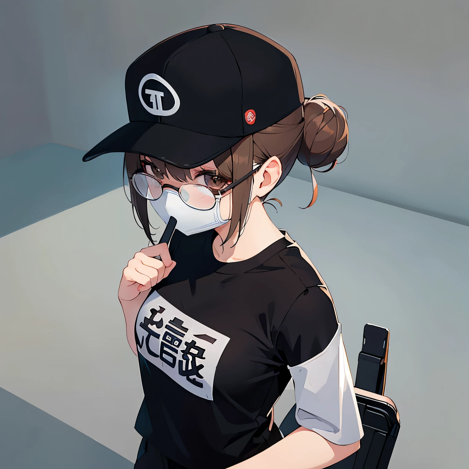 under-rim glasses, black baseball cap, mouth mask, Shooting from above、​masterpiece、top-quality、 hair over one eye, hair bun, A 25-year-old brown-eyed woman with medium hair and bright chestnut bangs.、wearing black tshirt、Wearing black pants、is standing、The background is office、Bold composition、Upper body is shown、Alone、