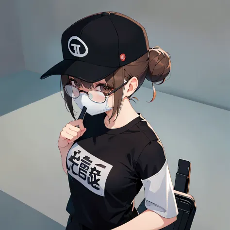 under-rim glasses, black baseball cap, mouth mask, Shooting from above、​masterpiece、top-quality、 hair over one eye, hair bun, A ...