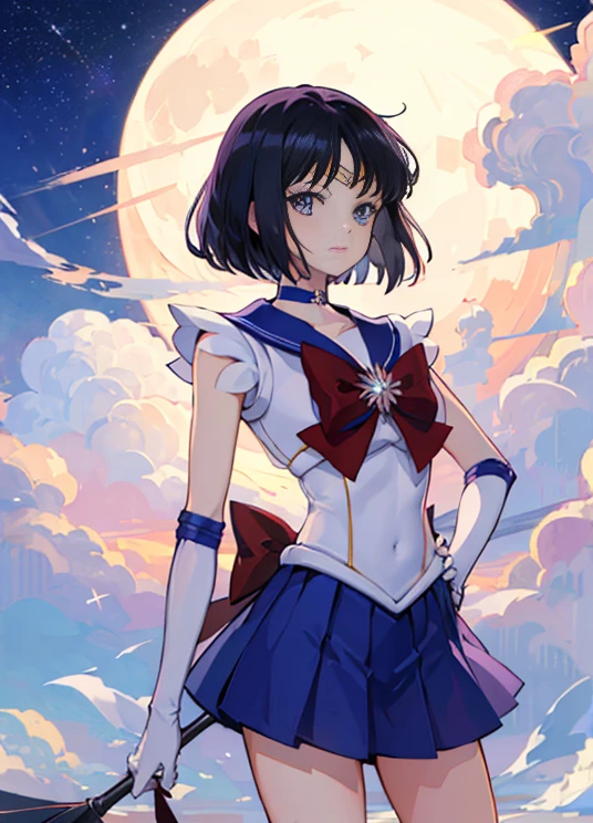 (​masterpiece、top-quality:1.2), 独奏, 1girl in, Sailor Saturn, magical little girl, ssmile, Look at viewers, put your hands on your hips, tiarra, Sailor Senshi Uniform, pleatedskirt, elbowgloves, jewely, brooches, a choker、natta、stele、fullmoon、