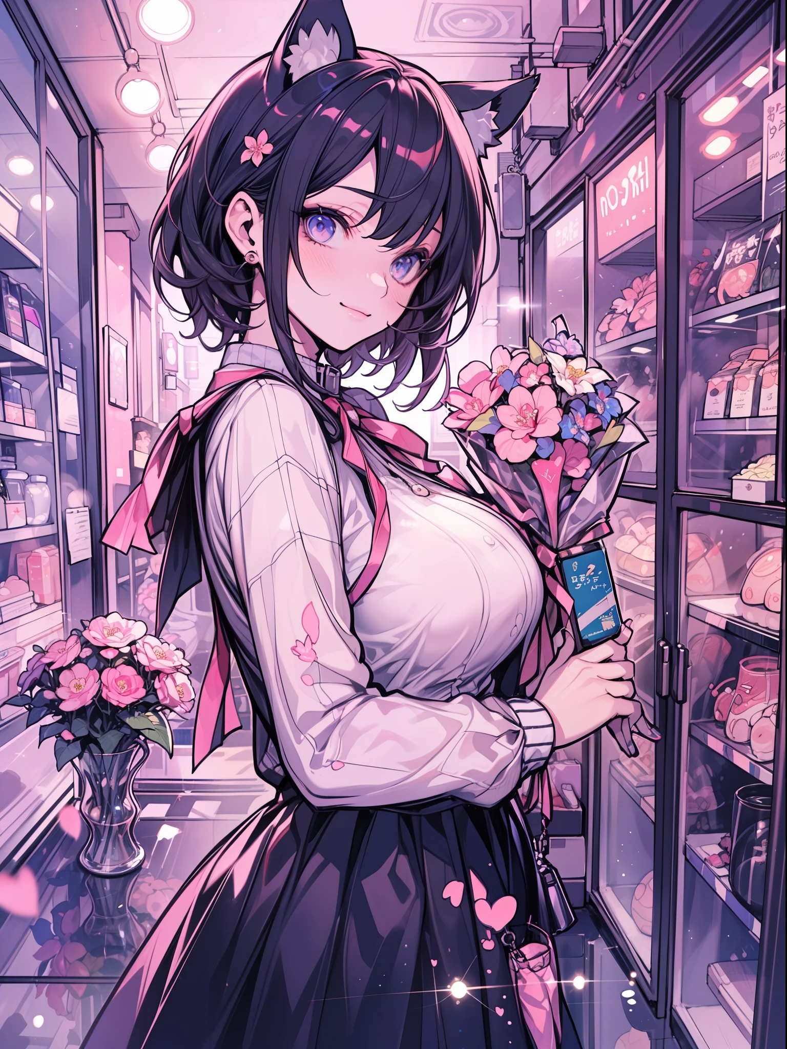 Anime girl avec un bouquet de fleurs dans un magasin - SeaArt AI