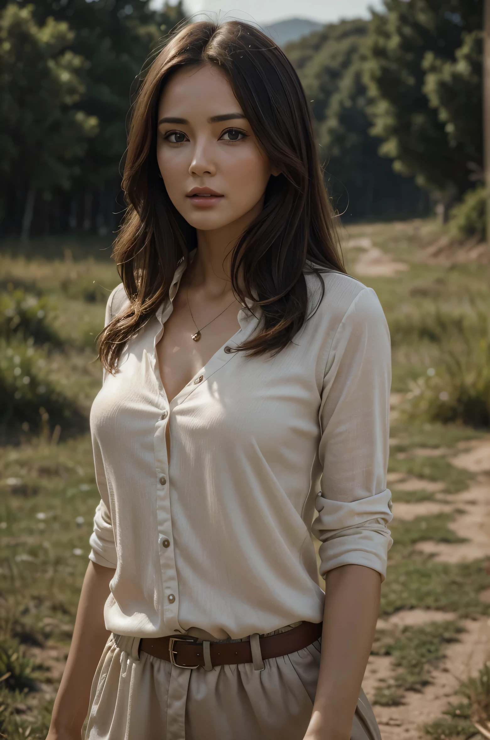 A beautiful 22-year-old brunette Tanya Roberts is walking along a  field road, when a beautiful woman, who appears to be Lee Na Young, steps out of a big landed UFO. best quality, realistic, photorealistic, (intricate details:1.2), (delicate detailed), (cinematic light), clear line, sharp focus, realistic face, detailed face, unity 8k wallpaper, ultra high res, (photorealistic:1.4), She is looking at viewer