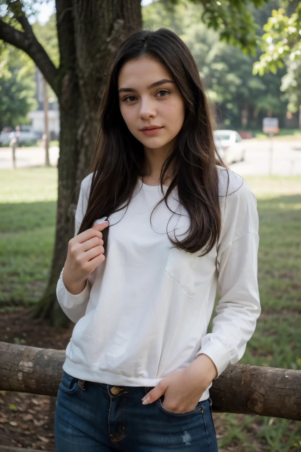 ((best quality)), ((masterpiece)), (detailed), 16k, masterpiece, perfect face, 18-year-old girl, black hair, long hair, clothes on, posing, normal fingers, in nature