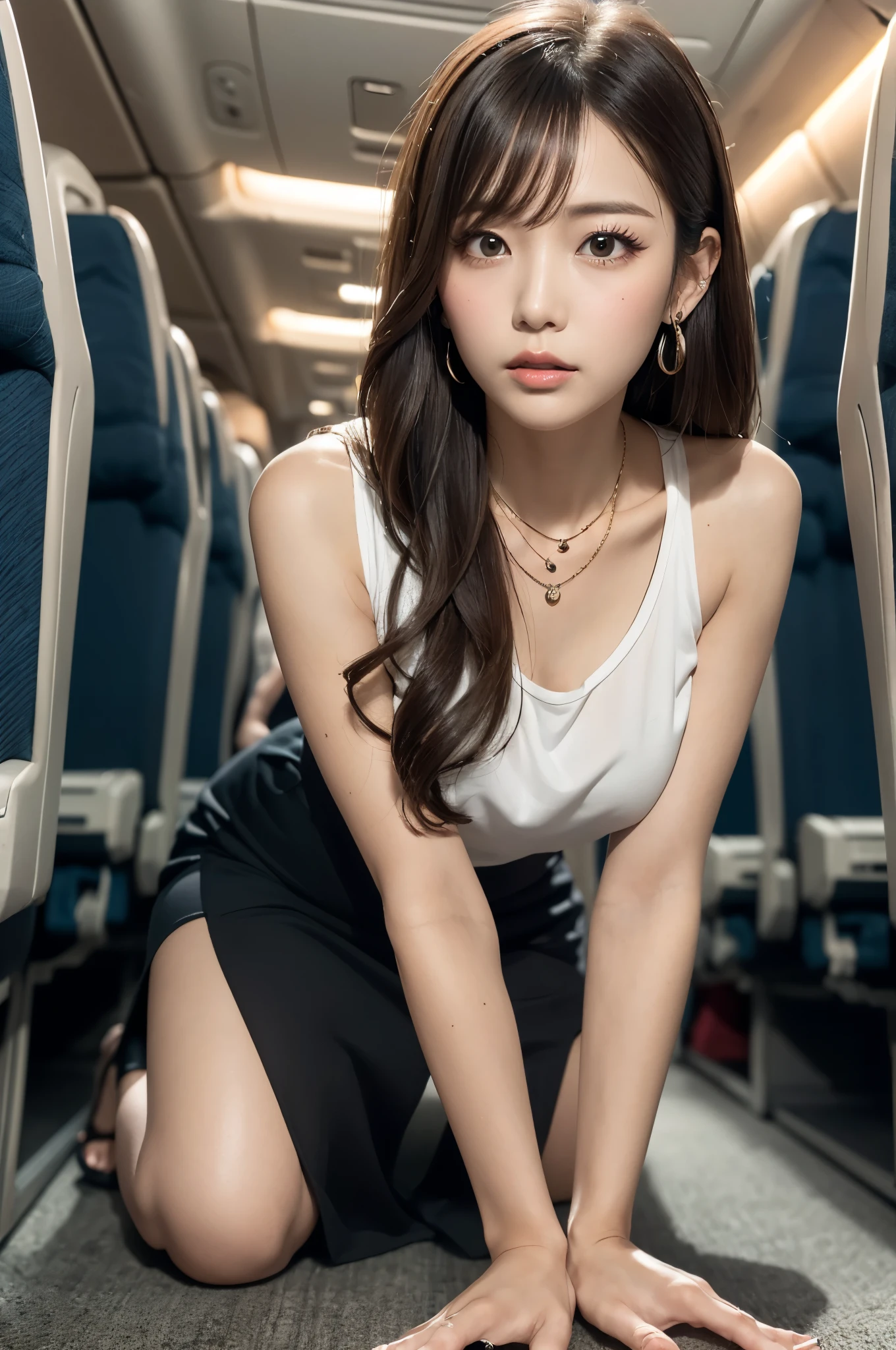 (masutepiece:1.3), high resolution, ultra-detailliert, the Extremely Detailed CG Unity 8K Wallpapers, Reality, photo-Reality, Raw photo, beautifull detailed face, pale skin, Reality skin, Detailed Cloth Texture, detailed hair texture, perfectly proportions, pretty face, 准确, anatomically correct, Highly detailed face and skin texture, Natural neck length, (shiny necklace, marriage ring), (beautiful hand air skin:1.2), slim legs, Thin feet, Sexy thighs, 
BREAK, 
Detailed eyes, Symmetrical eyes, Light brown eyes, double eyelids, Thin eyebrows, (Glossy lips:1.4), ((worried face:1.2)), (Drunk:1.2), 
BREAK, 
(Classy flight attendant girl), (In the case of a flight attendant uniform:1.2),  
(Medium to large chest of drawers:1.2, nice shaped breasts:1.2, Slender figure:1.1), 
(dark brown hair, wavy hair), ((Medium Hair, asymmetrical bangs:1.2)), (upperbody shot:1.2), ((From below:1.3)), ((Focus on the hands:1.2))
BREAK, 
((Wariza with her hands on the floor:1.3)), (Inside the aircraft:1.2),