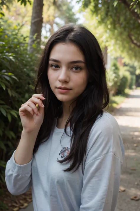 ((best quality)), ((masterpiece)), (detailed), 16k, masterpiece, perfect face, 18-year-old girl, black hair, long hair, clothes on, posing, normal fingers, in nature