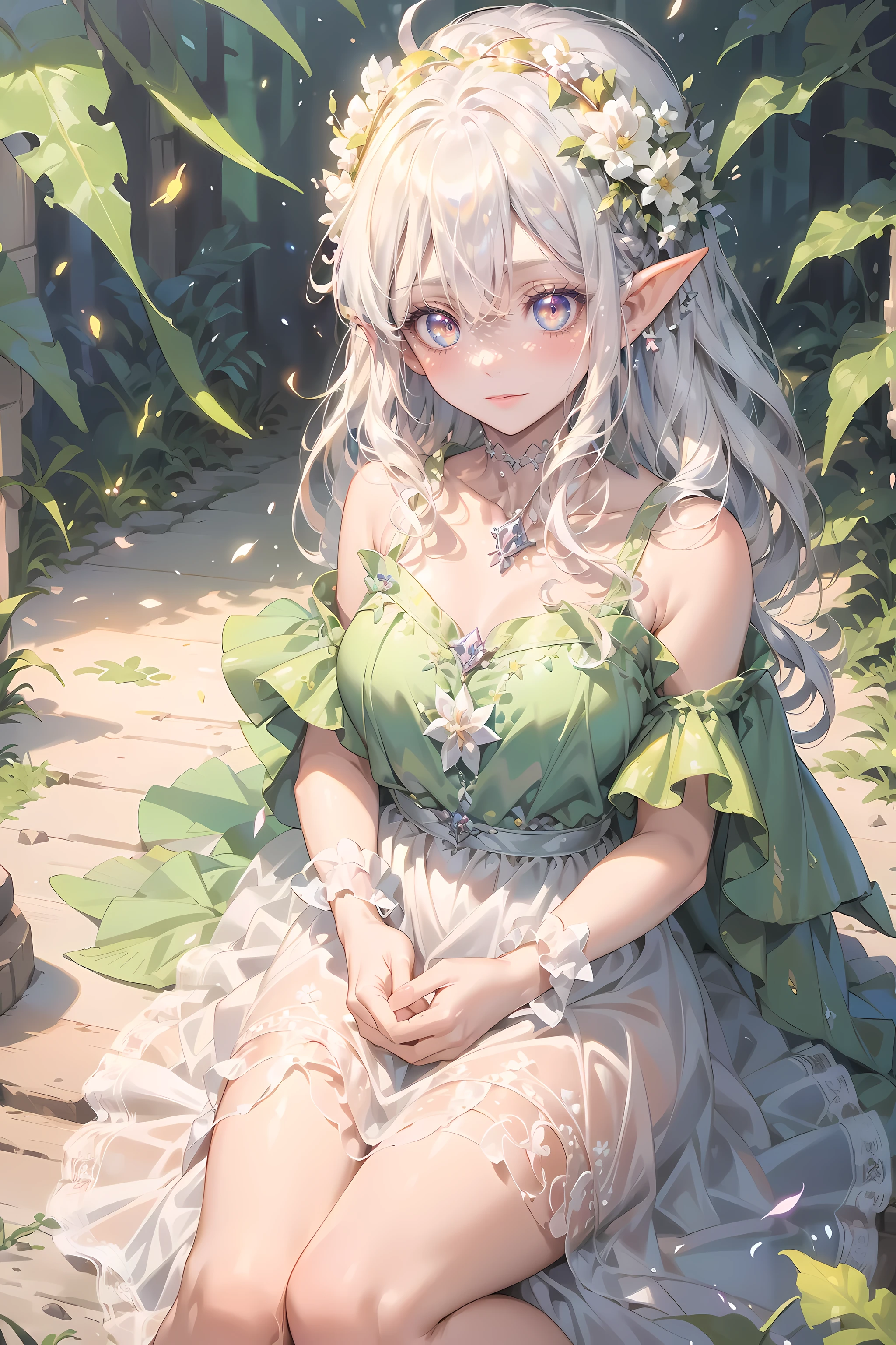 eyeline,(lewd eyes:1.4),(faeries:1.2),(high resolution,best quality,like a dream,obsessed,at a forest,faeries),(vibrant with colors,Super detailed),(美丽lewd eyes,Mottled sunlight,Whimsical creatures,sparkling mysterious mist,Evocative atmosphere otherworldly beauty),(magical light,Faint ethereal light),(in pastel shades,fantasticcolors),(Dancing fireflies,活泼的faeries,Breeze whispered),layered lace dress,Exquisite and beautiful gauze long skirt,(Colorful princess dress:1.4),(Elf Flower Crown:1.2),(美丽lewd eyes, vibrant with colors, oil painted, flowers in the background, A flowing dress, Fantastical Atmosphere, Eyebrows are very clear, gentlesoftlighting, Fantasy elements, Magical environment, 逼真的high resolution图像, dynamic and energetic),(vivd colour:1.5)