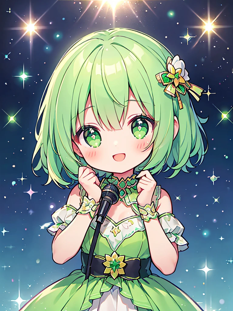 ​masterpiece, top-quality, 1girl in, short hair, , light green hair、eyes are emerald green、idol type、cute lime green dress、ハート型のSparklingした目、a smile that charms you、hold the microphone with both hands、spotlight、Sparkling.