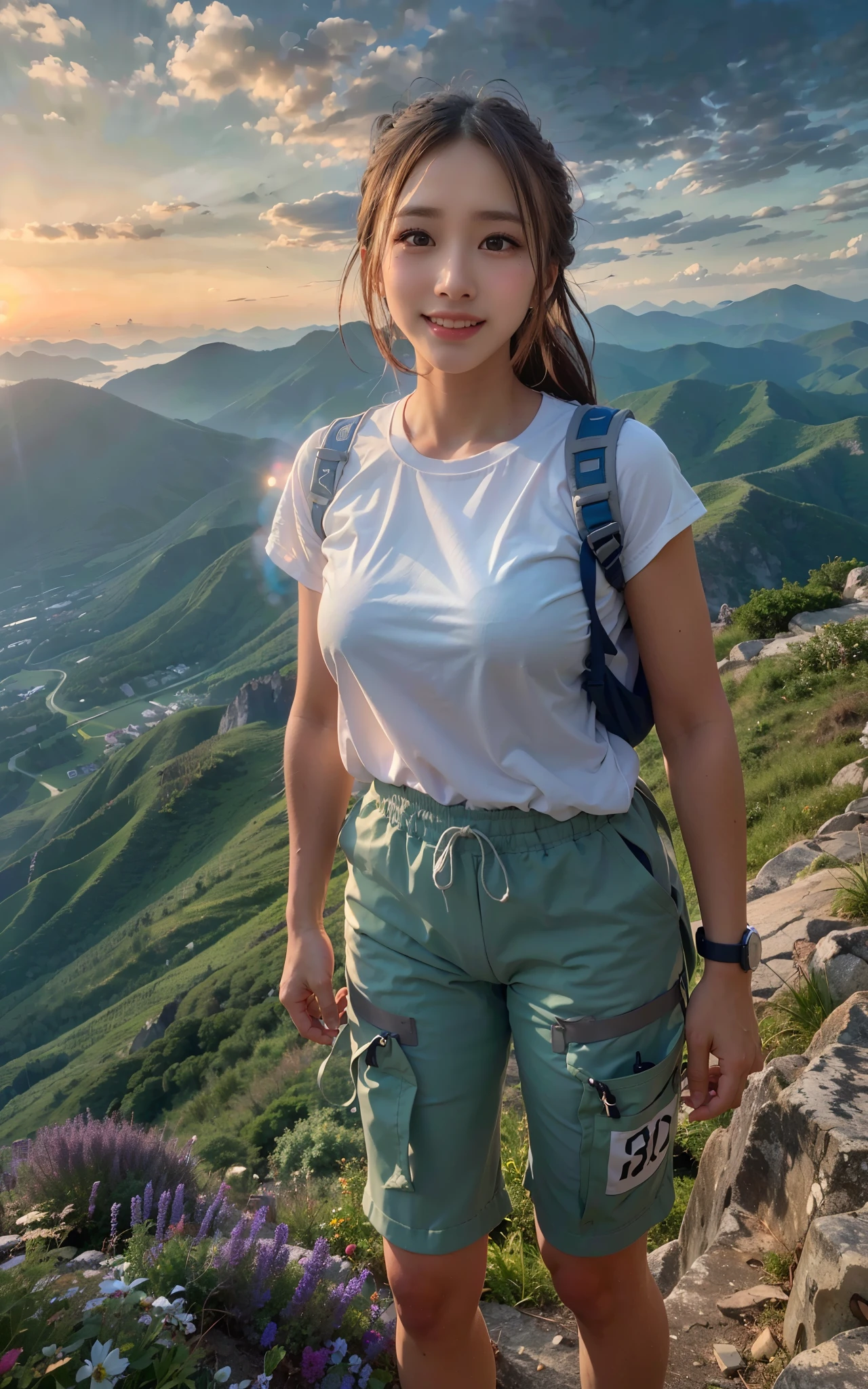 (best quality, hyper realistic photography), Magnificent mountain, sea of clouds, Woman watching sunset, selfie, ((Upper body)), white t-shirts, Trekking Shorts, trekking boots, rucksack,  (ultra-delicate face, Super Beautiful Maid, Super delicate eyes, super detailed nose, Ultra detailed mouth, Highly detailed beautiful facial features, 18year old, Smiling happily