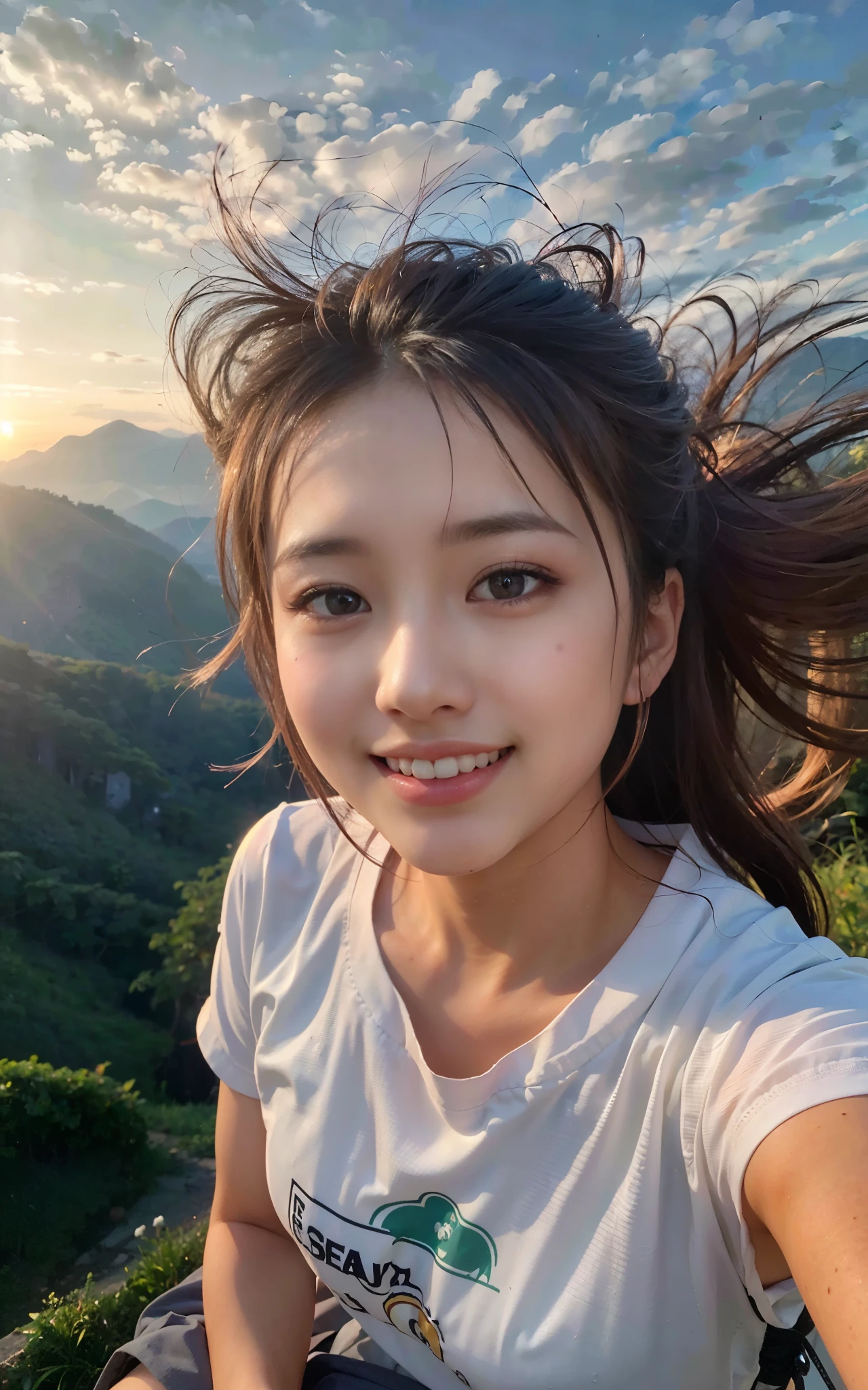 (best quality, hyper realistic photography), Magnificent mountain, sea of clouds, Woman watching sunset, selfie, ((Upper body)), white t-shirts, Trekking Shorts, trekking boots, rucksack,  (ultra-delicate face, Super Beautiful Maid, Super delicate eyes, super detailed nose, Ultra detailed mouth, Highly detailed beautiful facial features, 18year old, Smiling happily