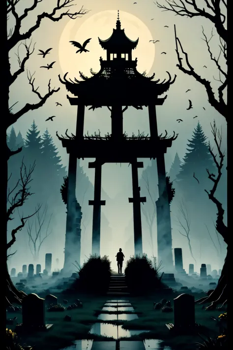 Human skeleton silhouette，forest。grave stones。terror。 silhouette art。artistic creativity1.37。