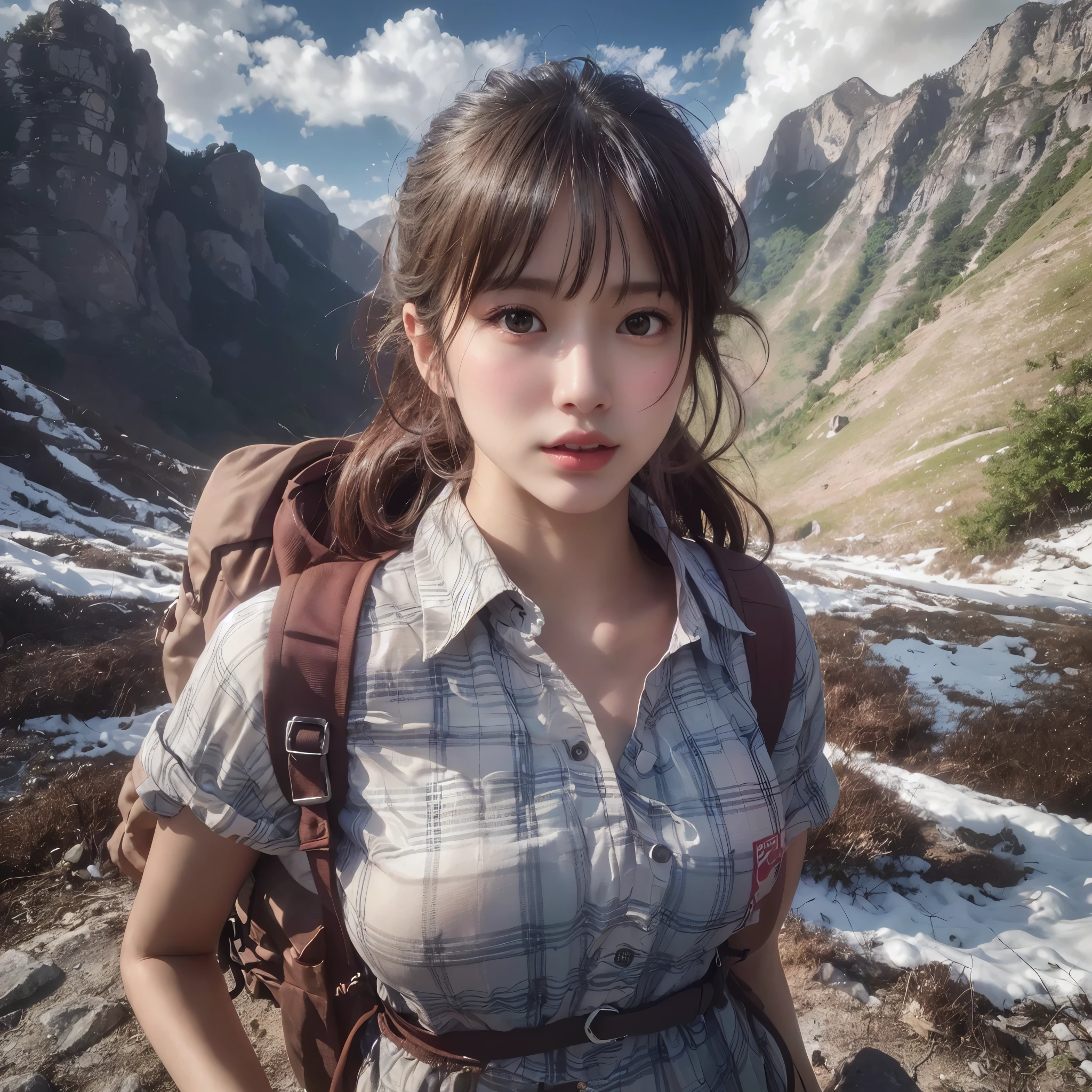 (hyper detailed background, Magnificent mountain views, Blue sky, white clouds):1.3, Shooting with an ultra-wide-angle lens, The upper part of the body, (the morning sun), (Medium Hair, dark brown hair), (top-quality, Photorealsitic:1.4, masutepiece:1.3, Raw photography:1.2, cinematric light, very detailed illustration), (1 female:1.3, solo), (Gingham checked shirt with buttons, Do not hem the shirt, Trekking Shorts), (Carrying a backpack), (Walking along a mountain trail), (ultra-delicate face, Super Beautiful Maid, Super delicate eyes, super detailed nose, Ultra detailed mouth, Ultra-detailed facial features), (medium breasted:1.3)