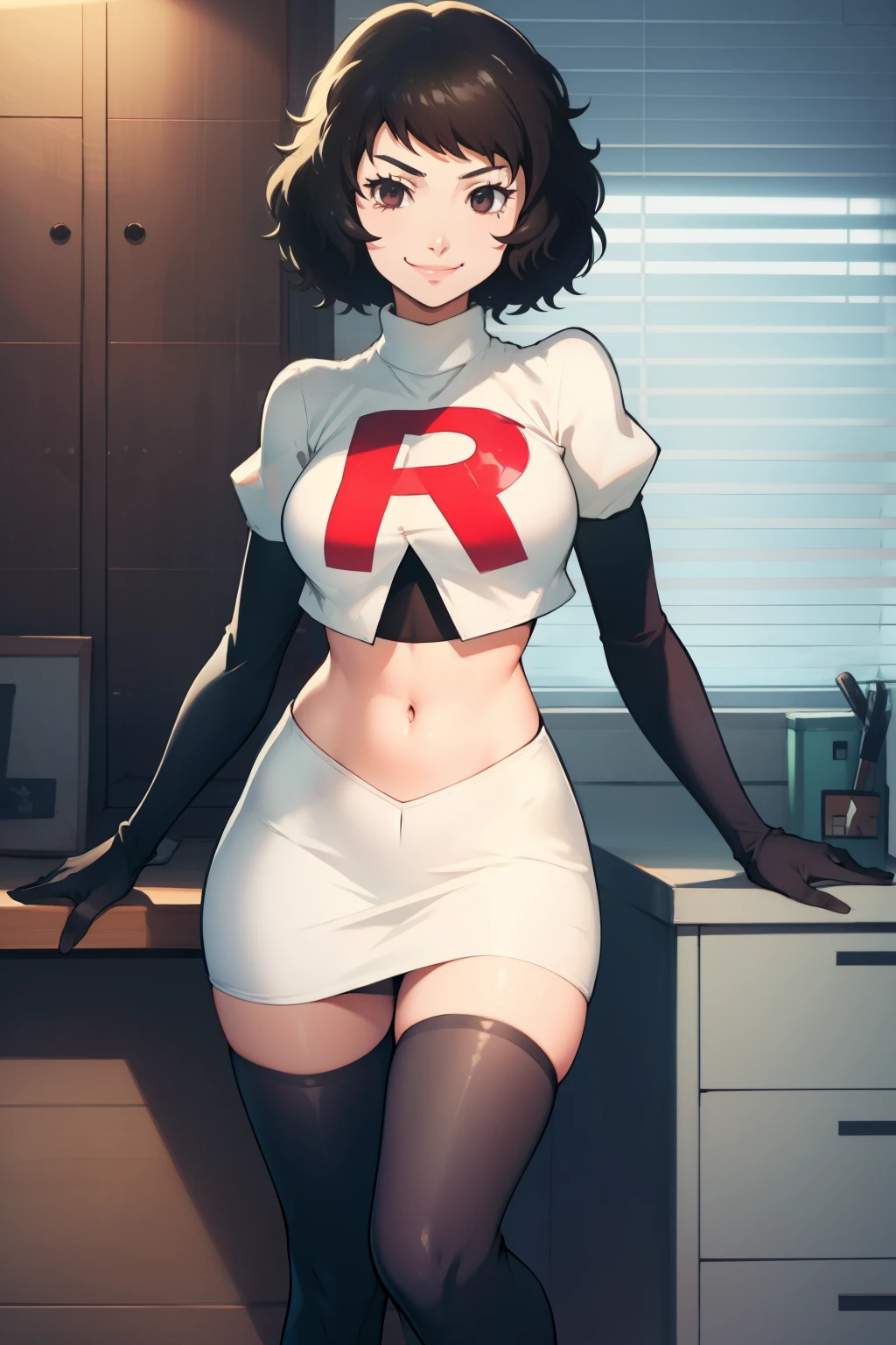 sadyokawakami,fusée,team fusée uniform, lettre rouge R, jupe blanche,haut court blanc,cuissardes noires,gants de coude noirs, Sourire démoniaque, regarde le spectateur,