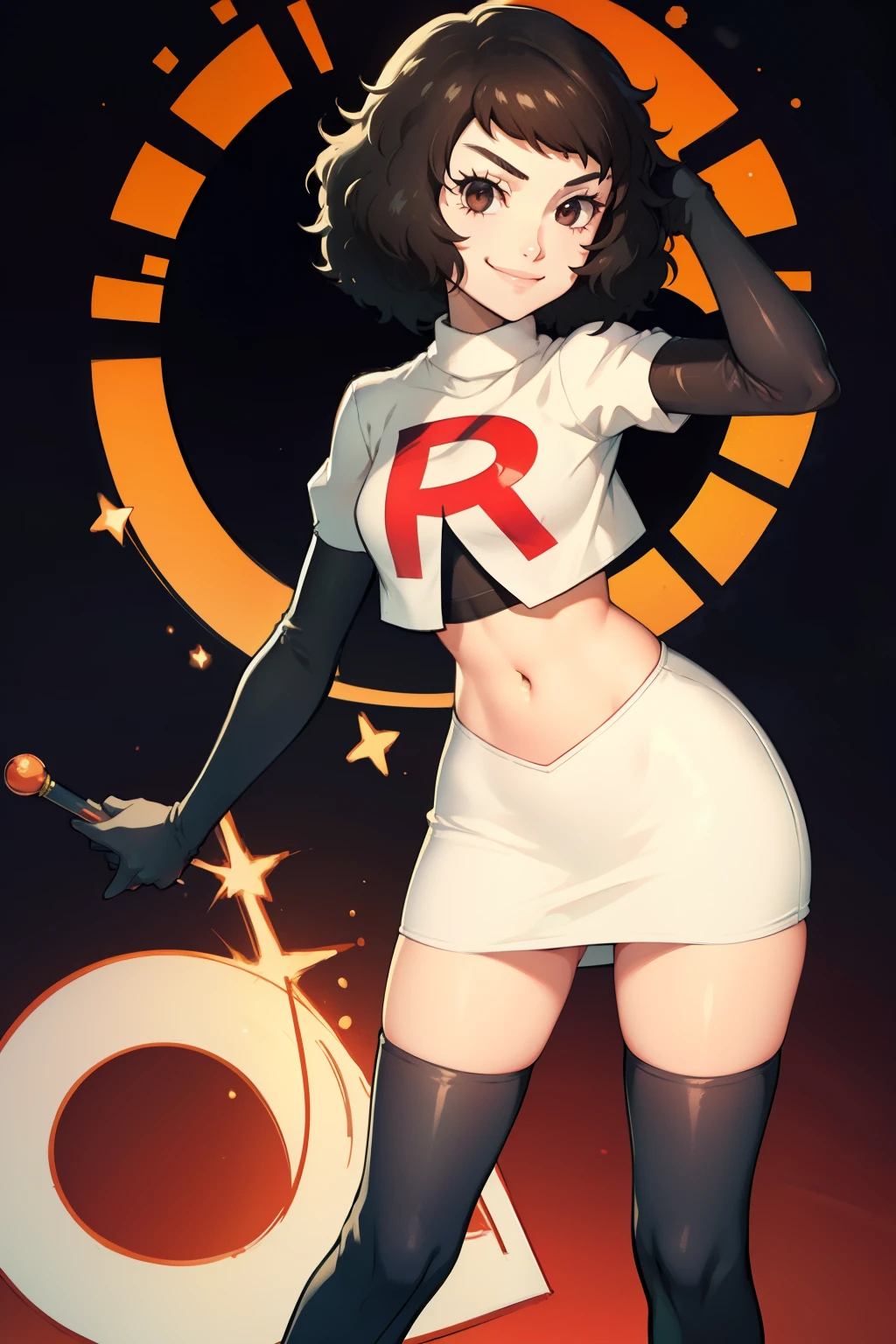 sadayokawakami,rocket,team rocket uniform, red letter R, white skirt,white crop top,black thigh-high boots,black elbow gloves, evil smile, look at viewer,