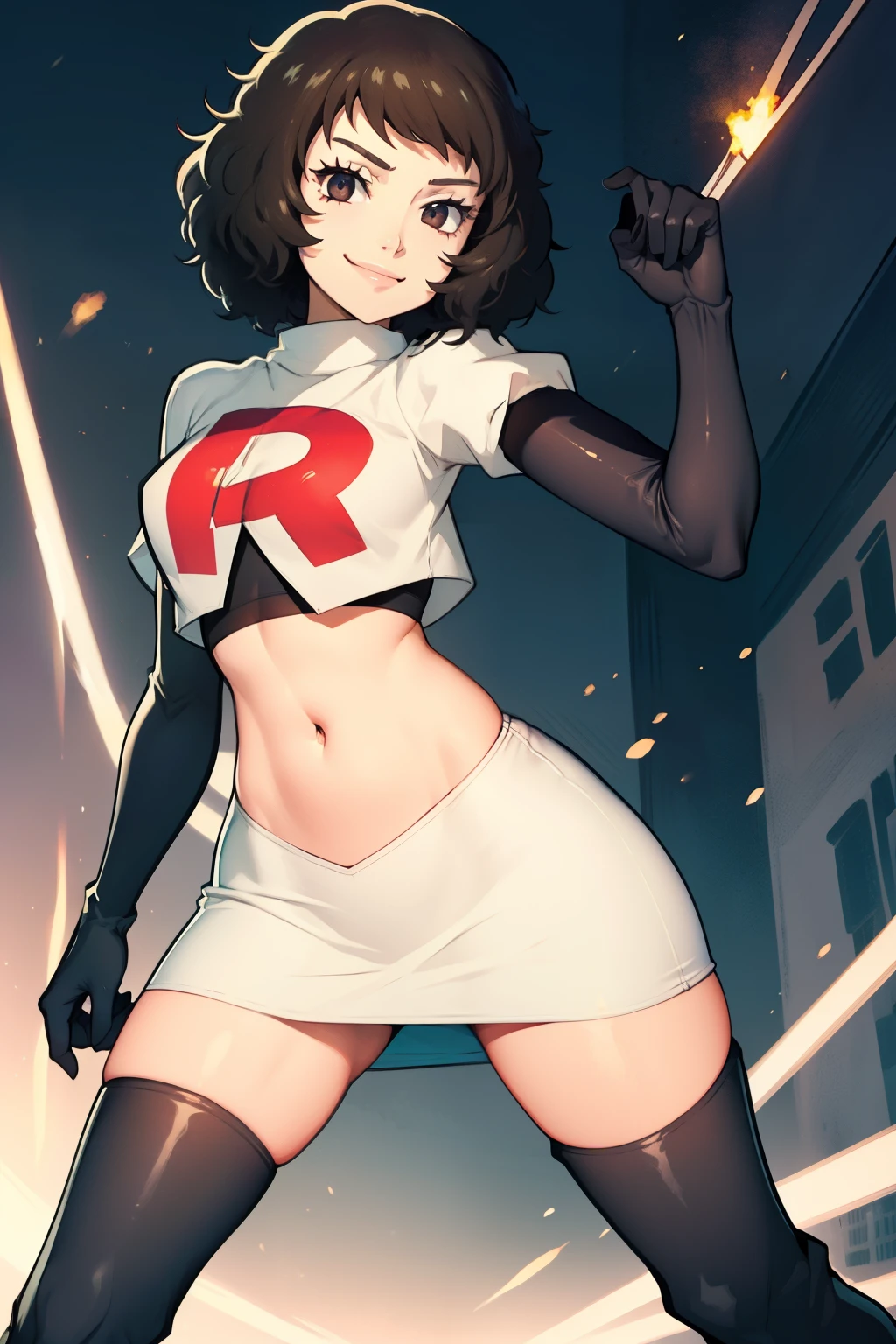 sadyokawakami,fusée,team fusée uniform, lettre rouge R, jupe blanche,haut court blanc,cuissardes noires,gants de coude noirs, Sourire démoniaque, regarde le spectateur, poses sexy