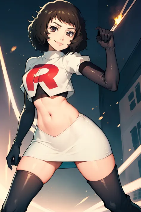 sadayokawakami,rocket,team rocket uniform, red letter R, white skirt,white crop top,black thigh-high boots,black elbow gloves, e...