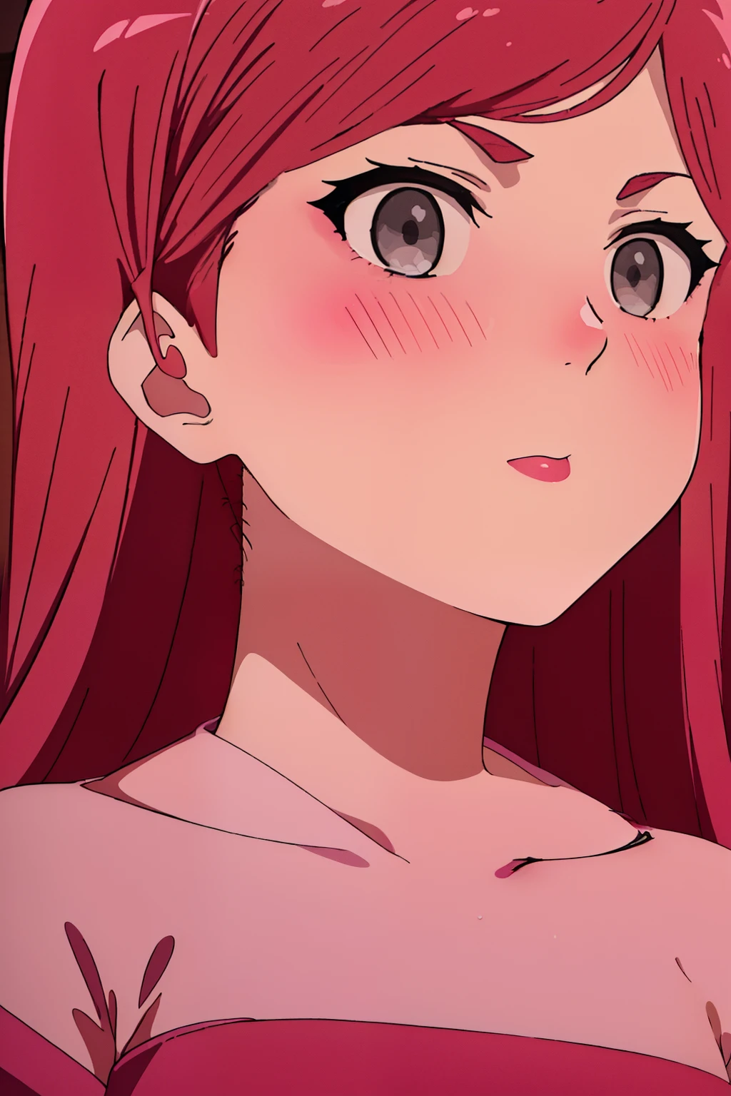 Anime girl with red hair and pink eyes staring at something - SeaArt AI