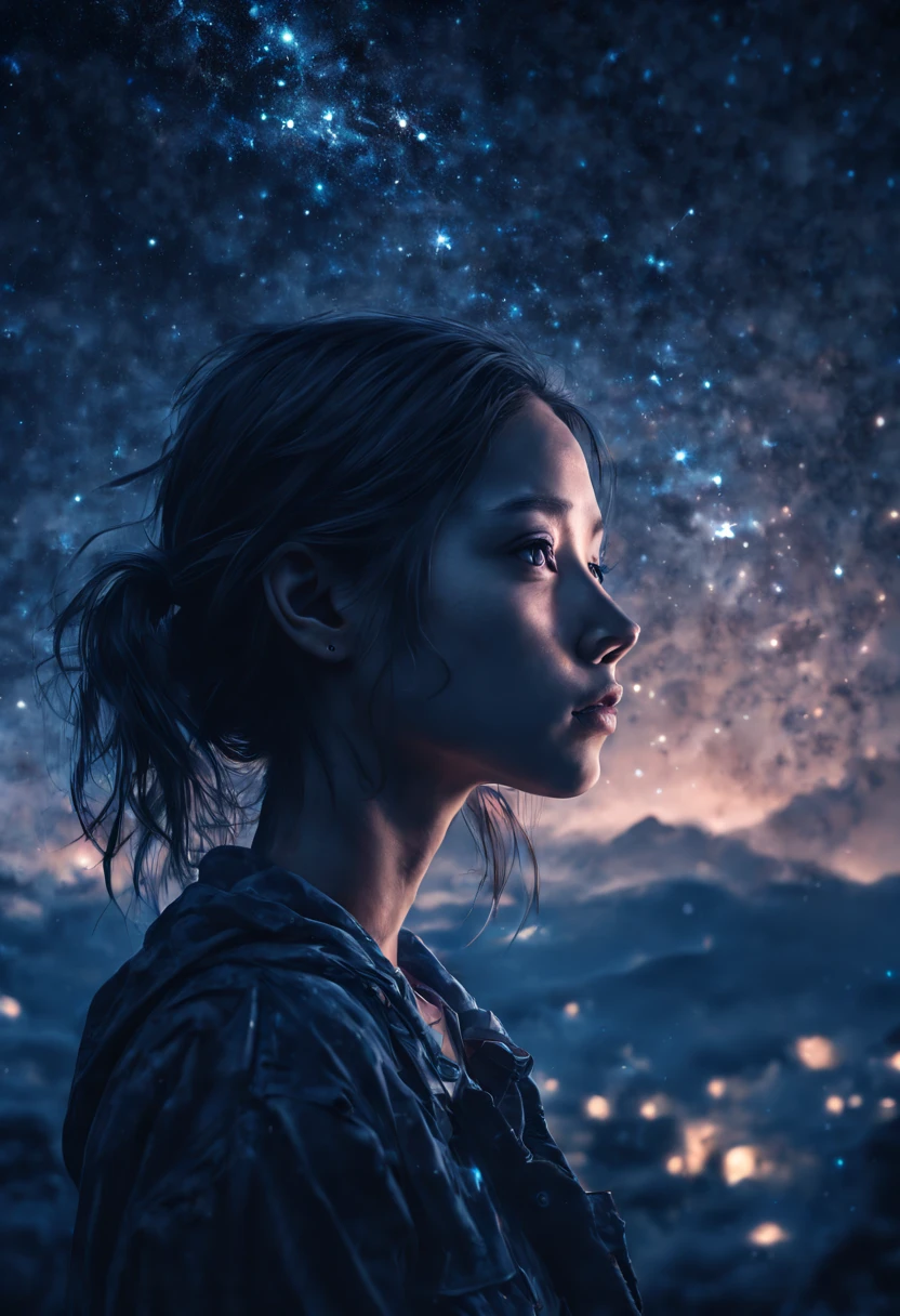 rotating starry sky, Silhouette Art of a girl, multiple exposure, enhance, intricate, (best quality, masterpiece, Representative work, official art, Professional, 8k wallpaper:1.3)