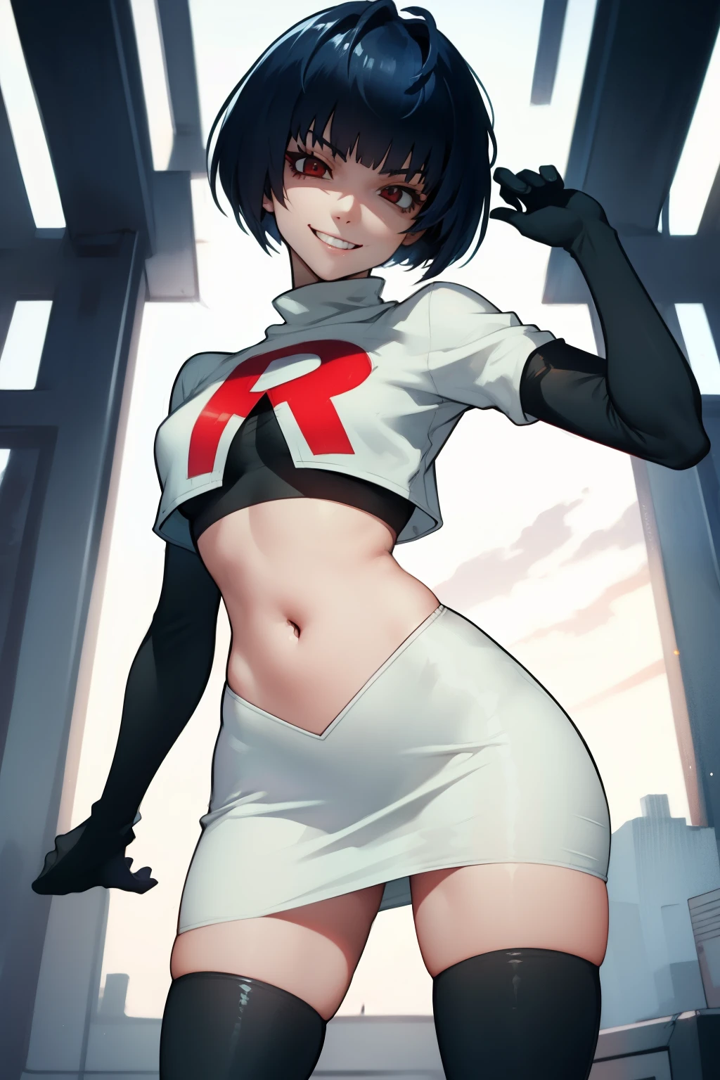 Tae Takemi,rocket,team rocket uniform, red letter R, white skirt,white crop top,black thigh-high boots,black elbow gloves, evil smile, look at viewer, sexy poses