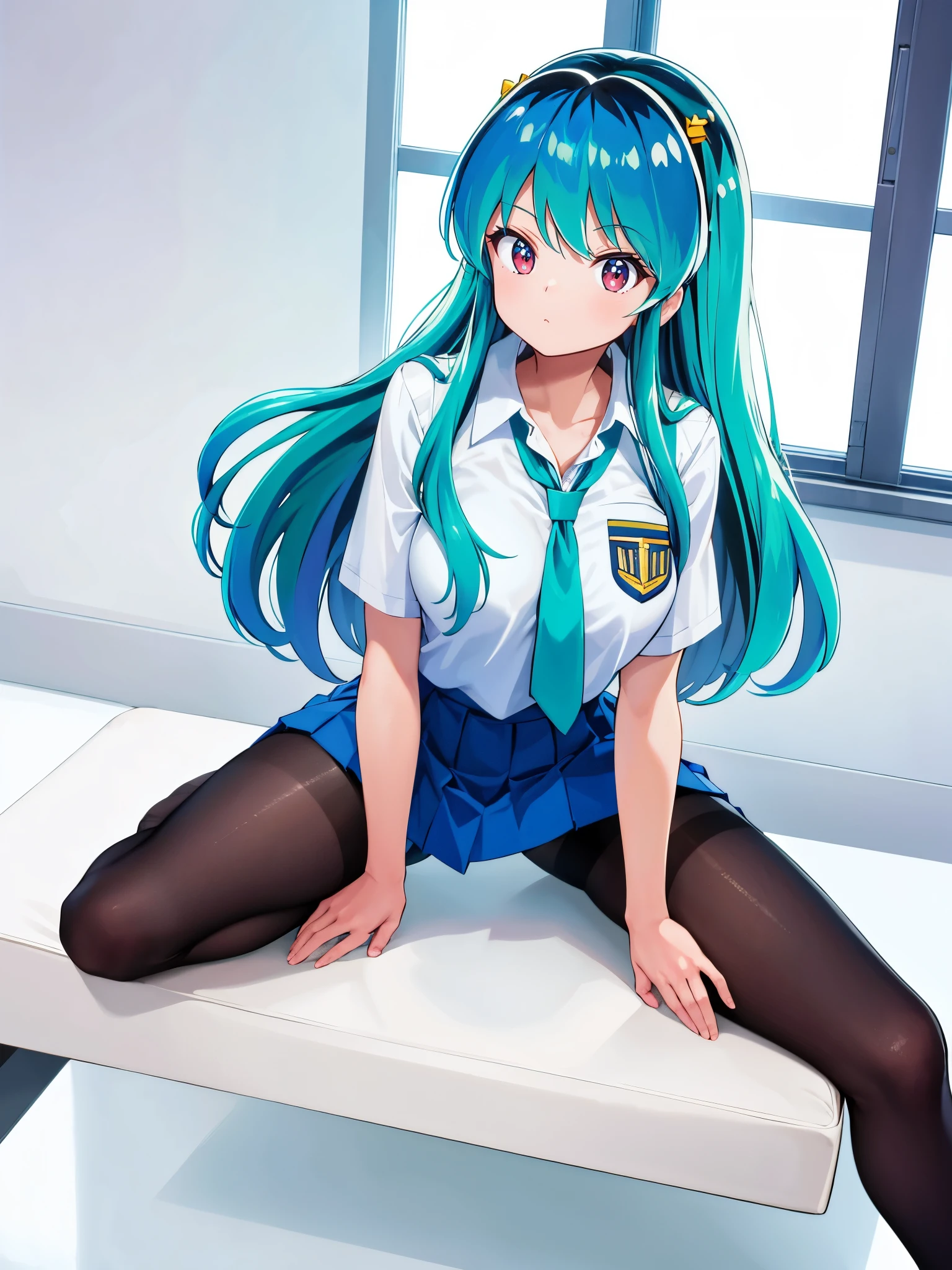 (1girl in),(high quality), (hight resolution), (Highly detailed), (in 8K),(lower body shot),Ram from Urusei Yatsura is wearing a transparent school uniform and a navy pleated skirt.),(Wearing black pantyhose)No shoes,perfect writing,(Beautifully erect nipple shape:1.1),hight resolutionの美しい目,(Neutral white lighting:1.2),simple background,sitting with  spreading legs