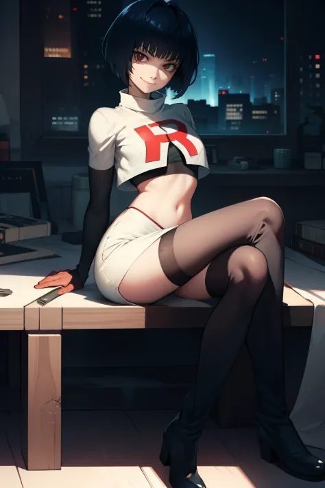 tae takemi,rocket,team rocket uniform, red letter r, white skirt,white crop top,black thigh-high boots,black elbow gloves, evil ...