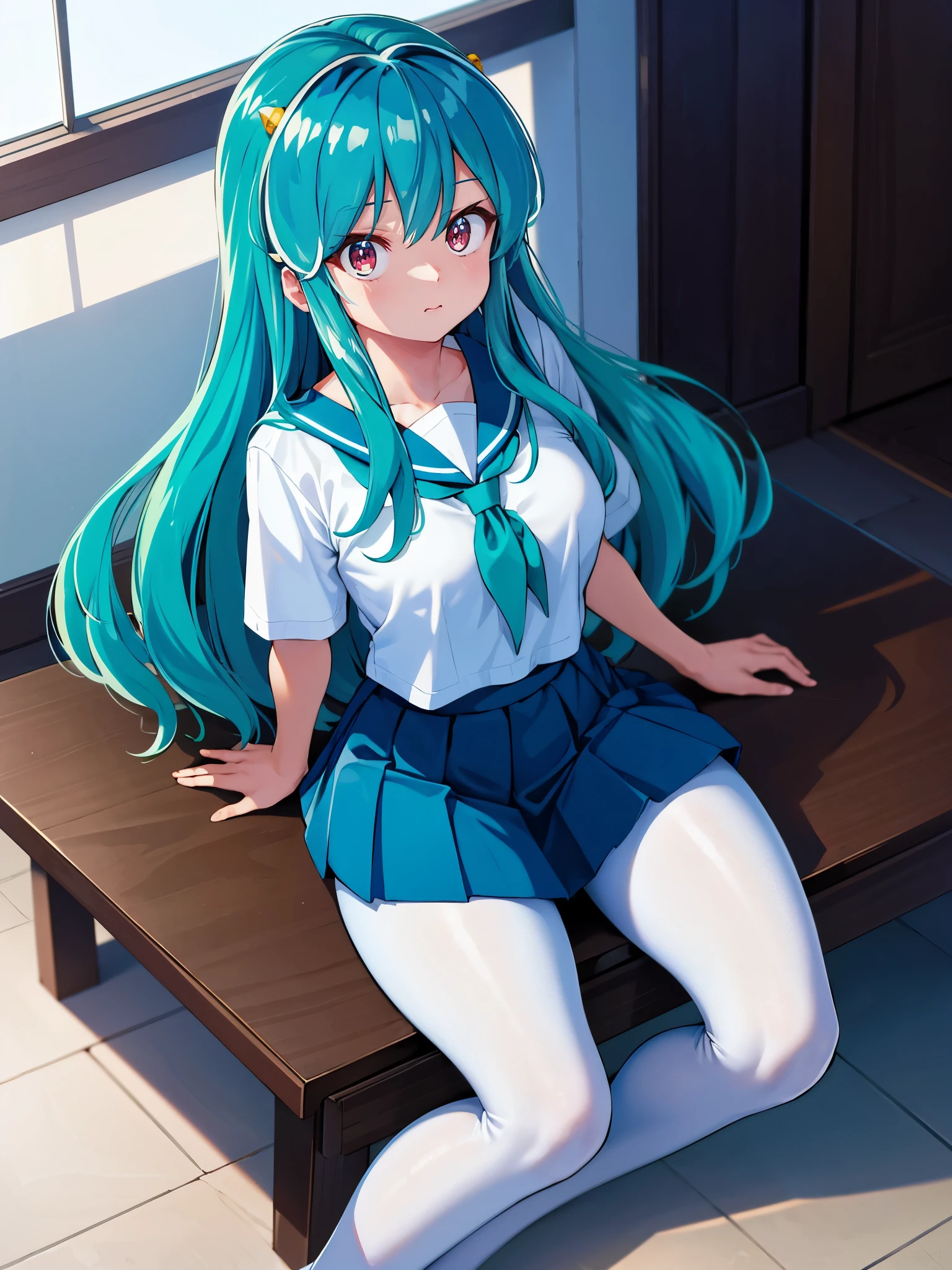 (1girl in),(high quality), (hight resolution), (Highly detailed), (in 8K),(lower body shot),Ram from Urusei Yatsura is wearing a transparent school uniform and a navy pleated skirt.),(Wearing black pantyhose)No shoes,perfect writing,(Beautifully erect nipple shape:1.1),hight resolutionの美しい目,(Neutral white lighting:1.2),simple background,sitting with  spreading legs