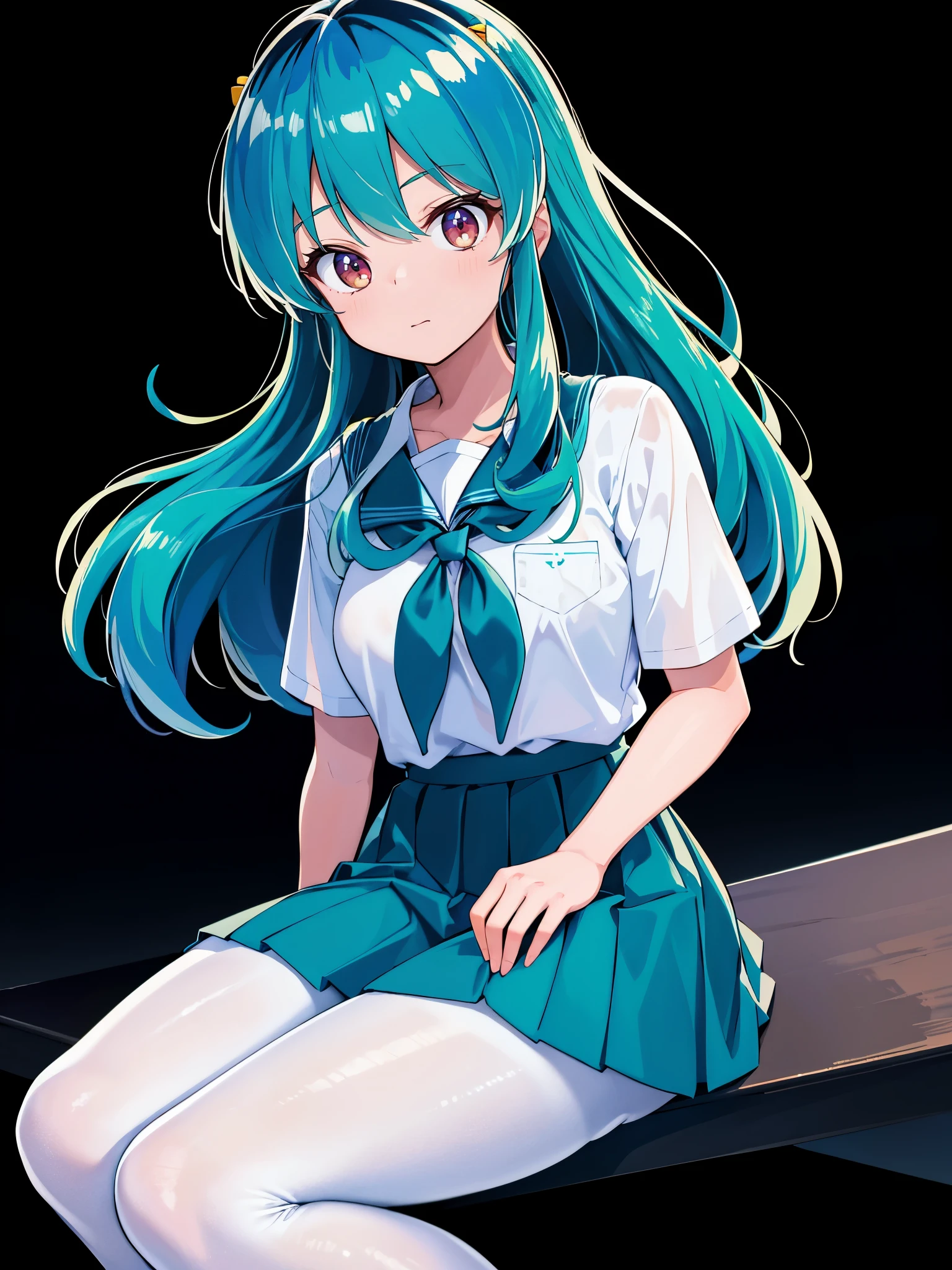 (1girl in),(high quality), (hight resolution), (Highly detailed), (in 8K),(lower body shot),Ram from Urusei Yatsura is wearing a transparent school uniform and a navy pleated skirt.),(Wearing black pantyhose)No shoes,perfect writing,(Beautifully erect nipple shape:1.1),hight resolutionの美しい目,(Neutral white lighting:1.2),simple background,sitting with  spreading legs