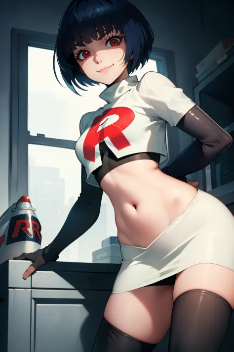 tae takemi,rocket,team rocket uniform, red letter r, white skirt,white crop top,black thigh-high boots,black elbow gloves, evil ...