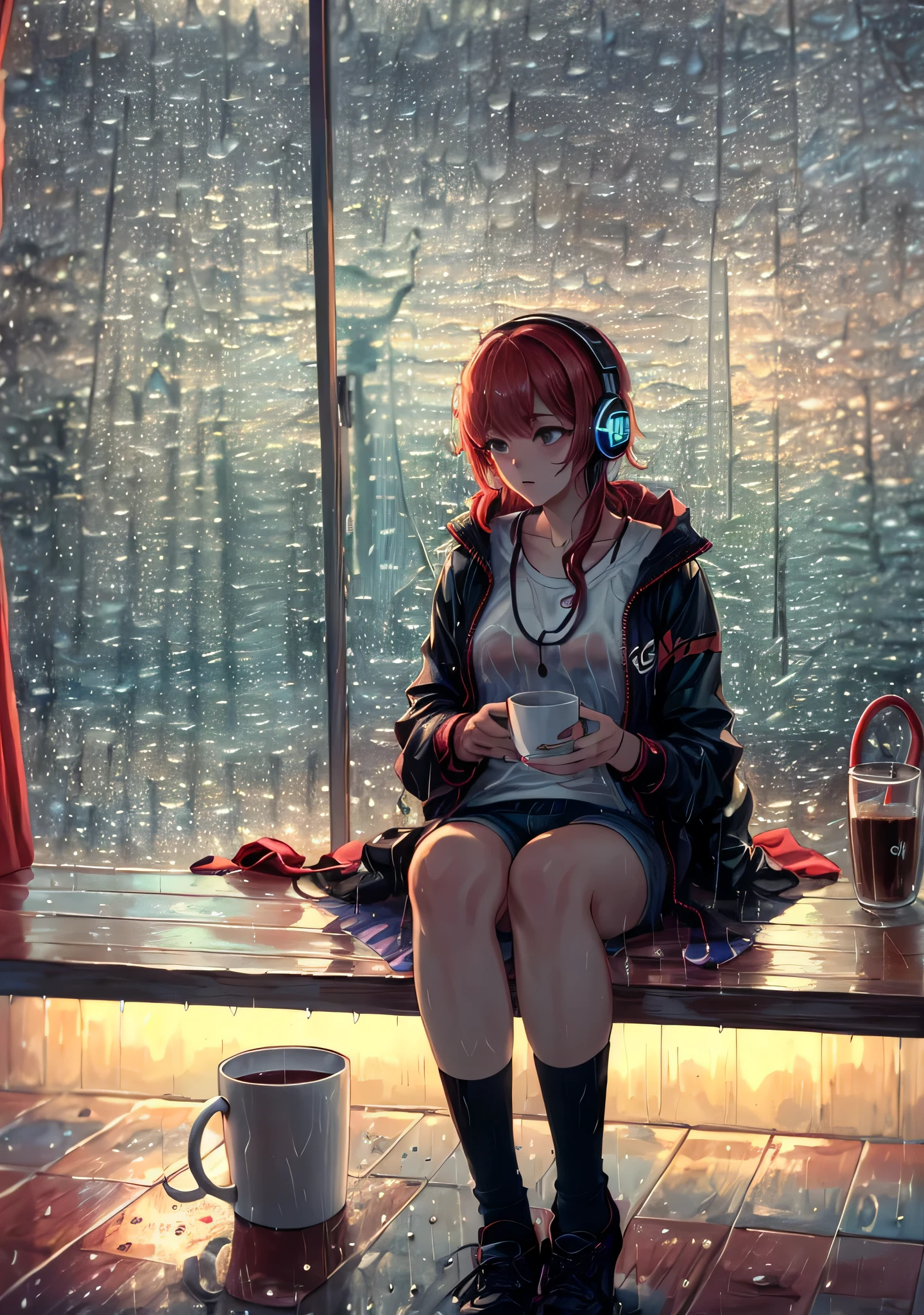 Anime girl sitting on a bench in the rain with headphones on - SeaArt AI