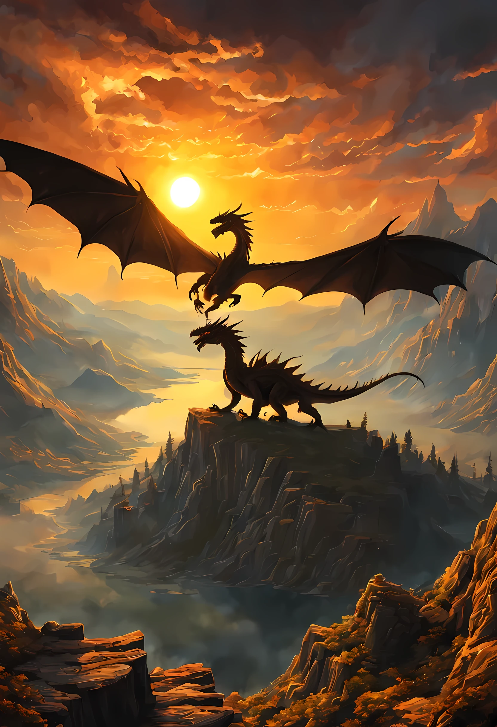 antasy art, dnd art, RPG art, wide shot, (masterpiece: 1.4) a silhouette of a dragon that spread his wings on top of a mountain as the sun rises at dawn behind him. reflection light, high details, best quality, 16k, [ultra detailed], masterpiece, best quality, (extremely detailed), the sun (cast a shadow behind the dragon: 1.5), sun rays, clouds, ultra wide shot, photorealistic, RAW, fantasy art, dnd art, fantasy art, realistic ar