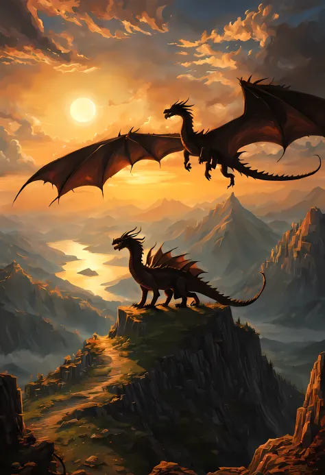 antasy art, dnd art, RPG art, wide shot, (masterpiece: 1.4) a silhouette of a dragon that spread his wings on top of a mountain ...