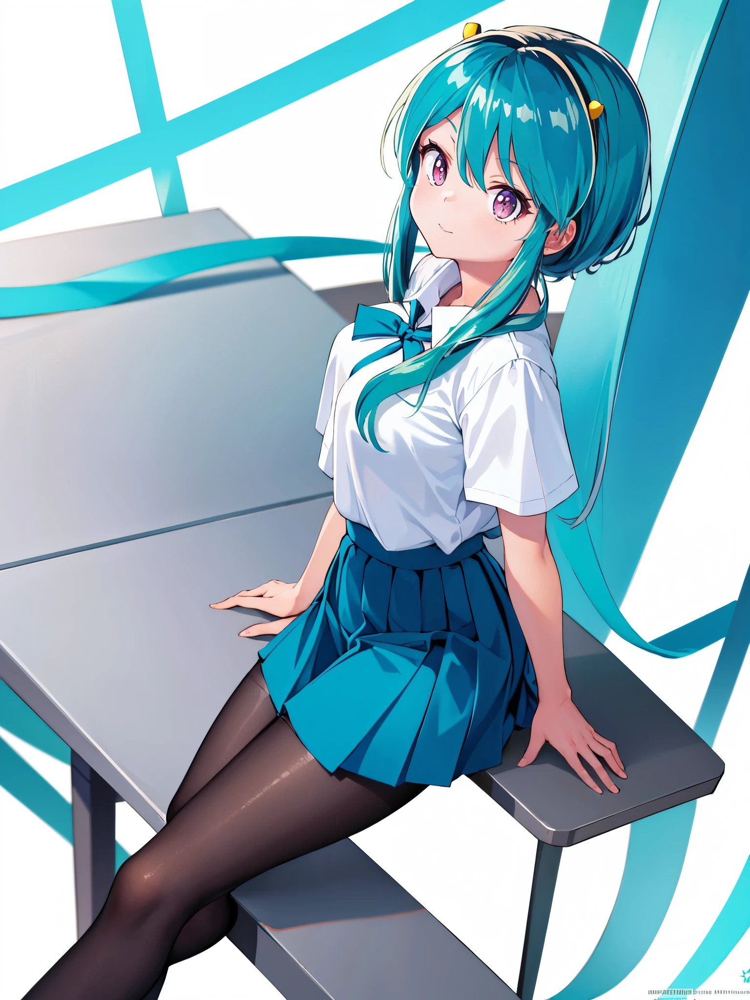 (1girl in),(high quality), (hight resolution), (Highly detailed), (in 8K),(lower body shot),Ram from Urusei Yatsura is wearing a transparent school uniform and a navy pleated skirt.),(Wearing black pantyhose)No shoes,perfect writing,(Beautifully erect nipple shape:1.1),hight resolutionの美しい目,(Neutral white lighting:1.2),simple background,sitting with  spreading legs