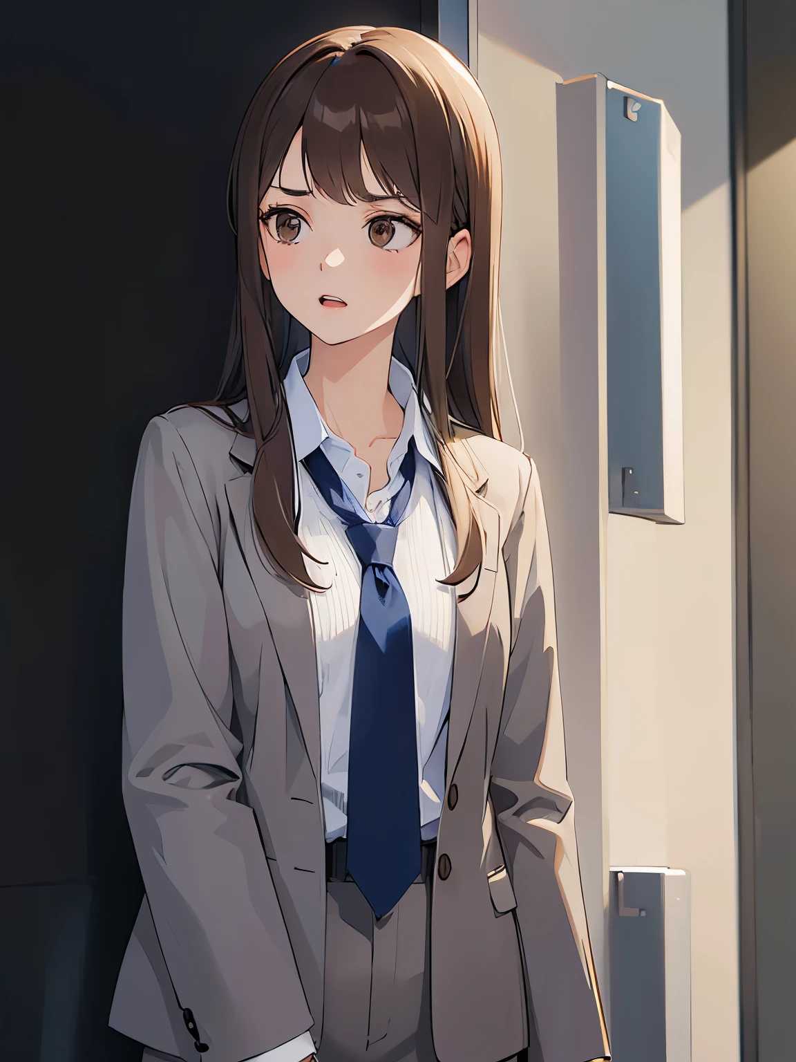 (looking away:1.5), ​masterpiece、top-quality、 forehead, A 2 woman with medium long hair and brown eyes with bright chestnut bangs.、wearing a gray suit、wearing gray pants、Wearing a blue tie、Serious look、open mouth, is standing、The background is office、Bold composition、Upper body is shown、Alone、Close-up of your face